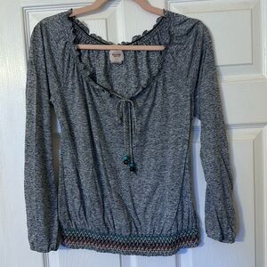 Mossimo- Women's Size S Bohemian style smock top. Heather Grey with Embroidery